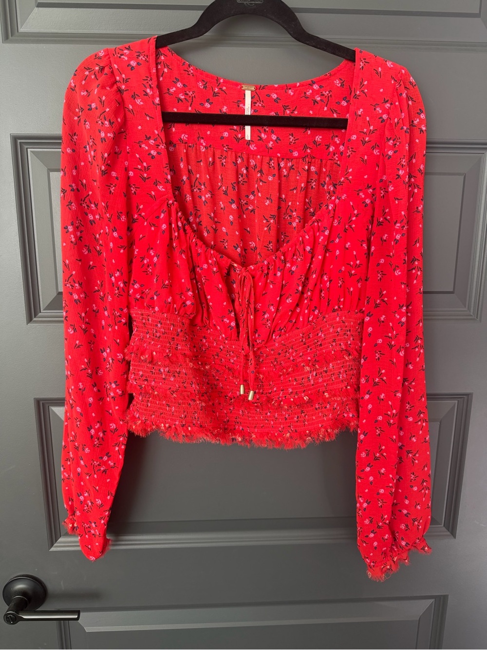 Free People Red Floral Smocked Long-Sleeve Women's Top